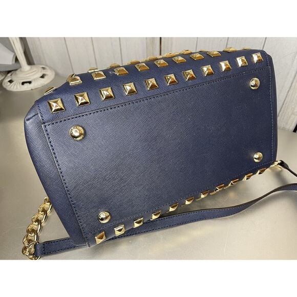 Michael Kors Navy Blue Leather Gold Studded Grayson Satchel Top Handle - Picture 7 of 12